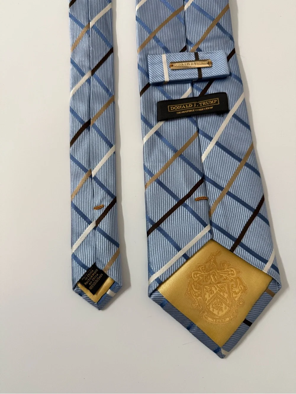 Light Blue Plaid Men's Tie‎ with Navy and Gold Accent